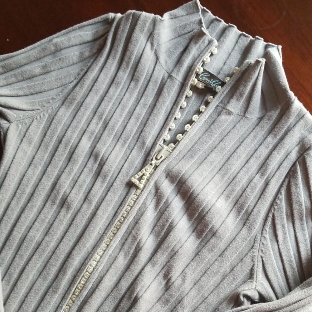 Camille La Voe Gray Crystal Zip Up Sweater